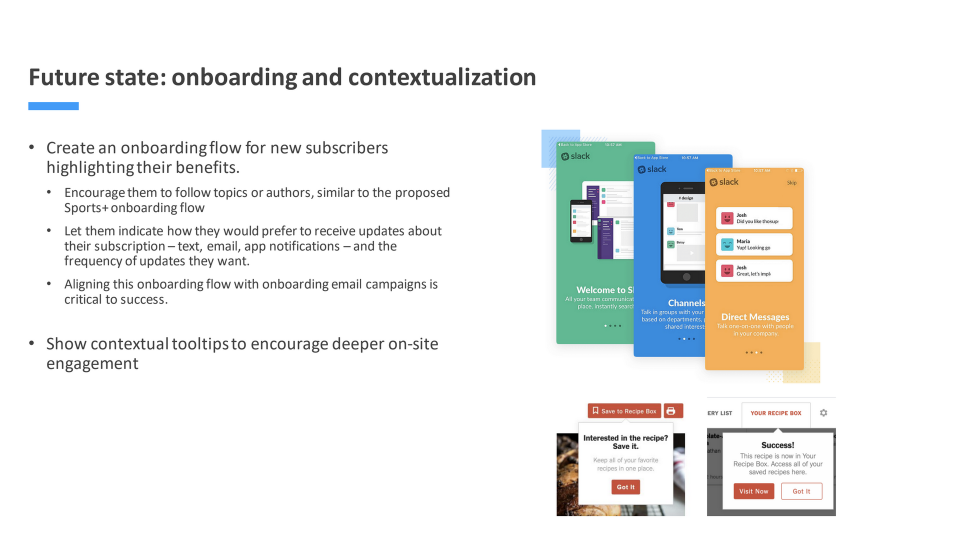 Slide outlining our recommendations for onboarding and personalization