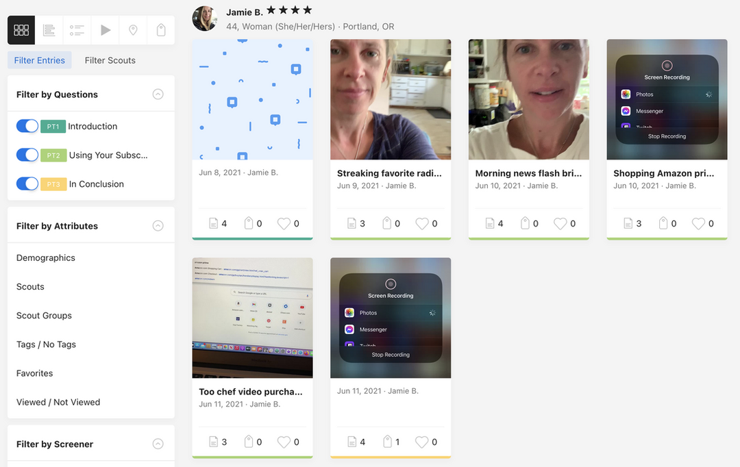 Screenshot of entries in our dscout study